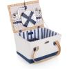 Picnic TIME Boardwalk Picnic Basket, Romantic Vintage English-Style Wooden Basket, Complete Deluxe Service for Four with Durable Canvas and Handwoven Lid(Beige Canvas With Navy Blue Accents for 2)