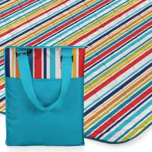 ONIVA – a Picnic Time brand – Vista Outdoor Picnic Blanket & Tote – Beach Blanket – Camping Blanket, (Navy with Red Check)(Aqua Blue/Fun Stripes)