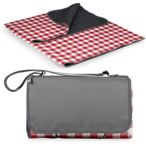 ONIVA Blanket Tote XL Outdoor Picnic Blanket, 70″x80″ Foldable Beach Blanket with Fleece Top, Water-Resistant Backing, Strap & Pocket, Portable Mat for 4-5 People by Picnic Time (Blue Stripe/Navy Flap)(Red & White Check)