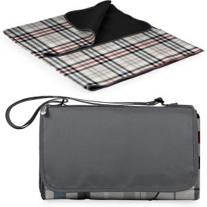ONIVA Blanket Tote XL Outdoor Picnic Blanket, 70″x80″ Foldable Beach Blanket with Fleece Top, Water-Resistant Backing, Strap & Pocket, Portable Mat for 4-5 People by Picnic Time (Blue Stripe/Navy Flap)(Carnaby Street Collection – Gray With Blue & Red Accents)