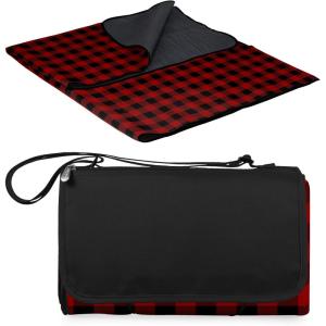 ONIVA Blanket Tote XL Outdoor Picnic Blanket, 70″x80″ Foldable Beach Blanket with Fleece Top, Water-Resistant Backing, Strap & Pocket, Portable Mat for 4-5 People by Picnic Time (Blue Stripe/Navy Flap)(Red & Black Buffalo Check)