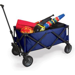 PICNIC TIME Adventure Collapsible Folding Wagon, Outdoor Collapsible Wagon, Portable Cart with Wheels, All-Terrain Trolly Cart with Storage Cover and Handle, Supports 225 lbs, (Navy Blue)