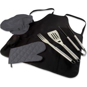 PICNIC TIME BBQ Apron Tote Pro Grill Set, Heavy Duty BBQ Apron for Men with BBQ Accessories for Grilling and Cooking with Numerous Pockets and Folds to Easy-to-Carry Tote (Black and Gray Accents)