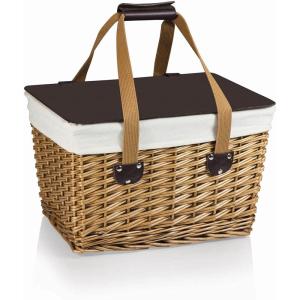 PICNIC TIME Canasta Wicker Picnic Basket, Classic Small Wicker Basket for 2 with Handwoven Willow Design, Removable and Customizable Lid Table, (Beige Canvas with Red & White Gingham Pattern Lid)(Beige Canvas With Brown Lid)