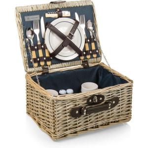 PICNIC TIME Catalina Picnic Basket for 2, Classic Deluxe English Handwoven Wicker Basket with Genuine Leather Accents and Full Service for Two, (Dahlia Collection – Navy Blue with Beige Pattern)(Dahlia Collection)