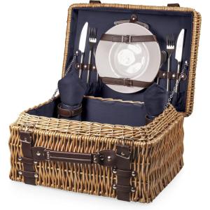 PICNIC TIME Champion Picnic Basket for 2, Large Wicker Hamper Set with Cutlery Service Kit, (Navy Blue)(Navy Blue)