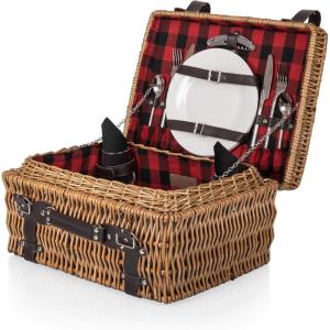 PICNIC TIME Champion Picnic Basket for 2, Large Wicker Hamper Set with Cutlery Service Kit, (Navy Blue)(Red & Black Buffalo Plaid Pattern)