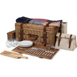 PICNIC TIME Charleston Luxury Picnic Basket for 4, Romantic Vintage English-Style Wooden Basket, Complete Deluxe Service With Blanket, Suitcase-style Handle and Genuine Cowhide Leather, (Beige Canvas)