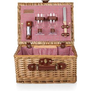 PICNIC TIME Classic Wine & Cheese Picnic Basket, Romantic English-Style Wooden Basket, Deluxe Service for 2 with Fully-Lined Interior, Leatherette Buckle and Handle, (Red & White Gingham Pattern)