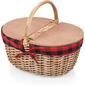 PICNIC TIME Country Picnic Basket, Sturdy Woven Wicker Basket with Customizable Split-lid Design and Removable and Washable Polycotton Vintage-Style Liner, (Navy Blue & White Stripe)(Red & Black Buffalo Plaid Pattern)