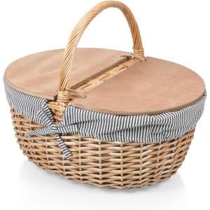 PICNIC TIME Country Picnic Basket, Sturdy Woven Wicker Basket with Customizable Split-lid Design and Removable and Washable Polycotton Vintage-Style Liner, (Navy Blue & White Stripe)(Navy Blue & White Stripe)