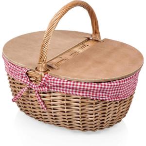 PICNIC TIME Country Picnic Basket, Sturdy Woven Wicker Basket with Customizable Split-lid Design and Removable and Washable Polycotton Vintage-Style Liner, (Navy Blue & White Stripe)(Red & White Gingham Pattern)