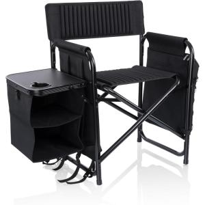 PICNIC TIME Fusion Camping Chair with Side Table and Soft Cooler, Outdoor Foldable Padded Camping Chairs with Cup Holder for Lawn, Beach, & Sports Use for Adults, (Dark Gray Blue Accents)(Matte Black)