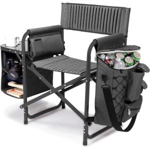 PICNIC TIME Fusion Camping Chair with Side Table and Soft Cooler, Outdoor Foldable Padded Camping Chairs with Cup Holder for Lawn, Beach, & Sports Use for Adults, (Dark Gray Blue Accents)(Dark Gray With Black Accents)