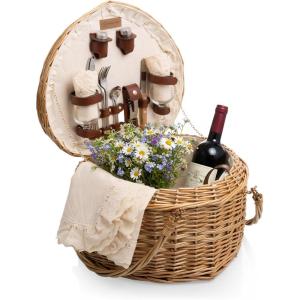 PICNIC TIME Heart Picnic Basket for 2, Wicker Basket with Handle, Complete Deluxe Service for Two, Handwoven and Sturdy Willow Constructed with Fully-lined interior and Accessories, (Antique White)