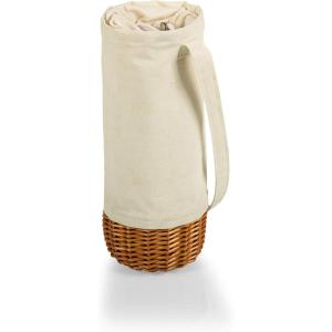 PICNIC TIME Malbec Insulated Canvas and Willow Wine Bottle Basket, Fully Insulated Wine Bag, Durable Bottle Carrier Bag for Gifts and Travel with Steamed Handwoven Willow, (Beige Canvas)