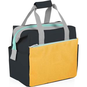 PICNIC TIME On The Go Lunch Bag, Stylish Soft Cooler Bag, Expandable Insulated Lunch Box, Portable Cooler Lunchbox with Dual Compartment Design and Velcro Side Straps, (Heathered Gray)(Mustard Yellow with Gray & Blue Accents)
