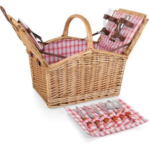 PICNIC TIME Piccadilly Picnic Basket for 2, Romantic Vintage English-Style Wooden Basket, Complete Deluxe Service for Two with Fully-lined Interior and Double-lid Design, (Red & White Plaid Pattern)(Red)