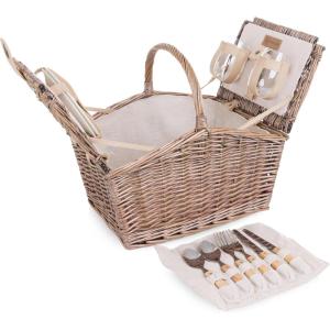 PICNIC TIME Piccadilly Picnic Basket for 2, Romantic Vintage English-Style Wooden Basket, Complete Deluxe Service for Two with Fully-lined Interior and Double-lid Design, (Red & White Plaid Pattern)(Natural Canvas)