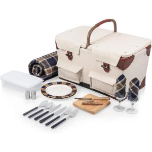 PICNIC TIME Pioneer Deluxe Picnic Basket, Romantic Vintage Wood-Framed Basket Covered in Canvas, Complete Deluxe Service for Two with Water-Resistant Bottom and Two Lids, (Beige Canvas)