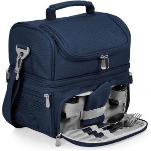 PICNIC TIME Pranzo Lunch Bag, Expandable Insulated Lunch Box with Picnic Set, Stylish Soft Cooler Bag, Portable Cooler Lunchbox with Dual Compartment Design and Leatherette Handles, (Black)(Navy Blue)