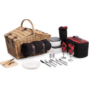 PICNIC TIME Somerset Deluxe Picnic Basket with Blanket, Romantic Wine Wicker Basket with Handle, Complete Deluxe Service for Two, Features Leatherette Straps and Double-lid Opening, (Sage Green)(Red & Black Buffalo Plaid Pattern)