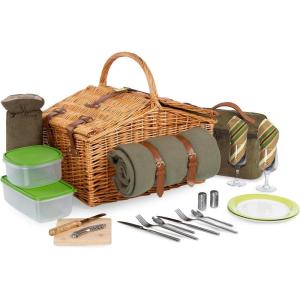 PICNIC TIME Somerset Deluxe Picnic Basket with Blanket, Romantic Wine Wicker Basket with Handle, Complete Deluxe Service for Two, Features Leatherette Straps and Double-lid Opening, (Sage Green)(Sage Green)