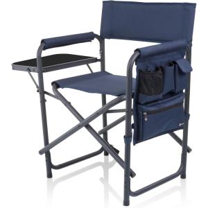 PICNIC TIME Sports Chair with Side Table, Outdoor Foldable Padded Adult Camping Chairs with Cup and Accessory Panel for Lawn, Beach, & Sports Use for Adults, up to 300-lbs Capacity, (Red)(Navy Blue)