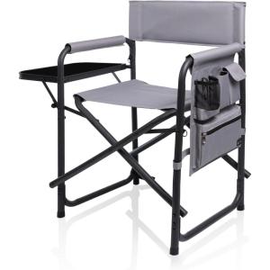 PICNIC TIME Sports Chair with Side Table, Outdoor Foldable Padded Adult Camping Chairs with Cup and Accessory Panel for Lawn, Beach, & Sports Use for Adults, up to 300-lbs Capacity, (Red)(Gray With Black Accents)