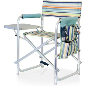 PICNIC TIME Sports Chair with Side Table, Outdoor Foldable Padded Adult Camping Chairs with Cup and Accessory Panel for Lawn, Beach, & Sports Use for Adults, up to 300-lbs Capacity, (Red)(St. Tropez Collection – Sky Blue With Multi Stripe Pattern)