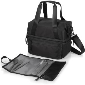 PICNIC TIME Tarana Insulated Lunch Bag made from Recycled Material, Lunch Box with Picnic Set, Upcycled Lunch Cooler Bag, (Aurora Blue)(Carbon Black)