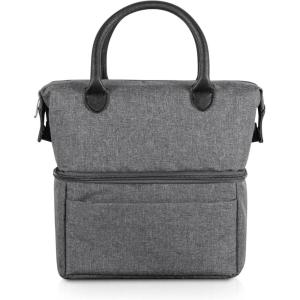 PICNIC TIME Urban Lunch Bag, Stylish Soft Cooler Bag, Expandable Insulated Lunch Box, Portable Cooler Lunchbox with Dual Compartment Design and Leatherette Handles, (Gray with Brown Accents)(Gray with Black Accents)