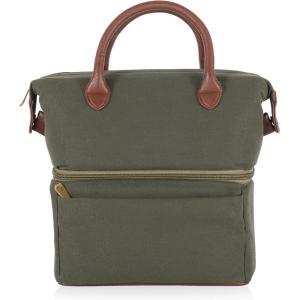 PICNIC TIME Urban Lunch Bag, Stylish Soft Cooler Bag, Expandable Insulated Lunch Box, Portable Cooler Lunchbox with Dual Compartment Design and Leatherette Handles, (Gray with Brown Accents)(Green with Brown Accents)