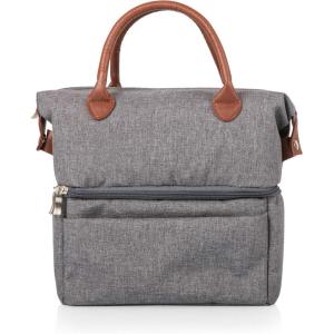 PICNIC TIME Urban Lunch Bag, Stylish Soft Cooler Bag, Expandable Insulated Lunch Box, Portable Cooler Lunchbox with Dual Compartment Design and Leatherette Handles, (Gray with Brown Accents)(Gray with Brown Accents)