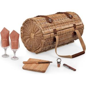 PICNIC TIME Verona Wine & Cheese Picnic Basket, Romantic English-Style Rounded Wooden Wicker Basket with Deluxe Service for 2, Fully-lined Interior and Handwoven, (Pine Green)(Adeline Collection)