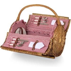 Picnic TIME Barrel Wicker Picnic Basket for 2, Romantic English-Style Rounded Wooden Wicker Basket with Deluxe Service for 2, Fully-Lined Interior and Handwoven, (Red & White Gingham Pattern)(Red & White Gingham Pattern)