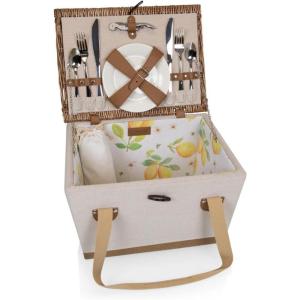Picnic TIME Boardwalk Picnic Basket, Romantic Vintage English-Style Wooden Basket, Complete Deluxe Service for Four with Durable Canvas and Handwoven Lid(White With Bees and Lemon Pattern for 2)