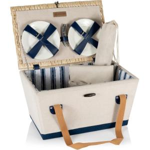 Picnic TIME Boardwalk Picnic Basket, Romantic Vintage English-Style Wooden Basket, Complete Deluxe Service for Four with Durable Canvas and Handwoven Lid(Beige Canvas With Navy Blue Accents for 4)