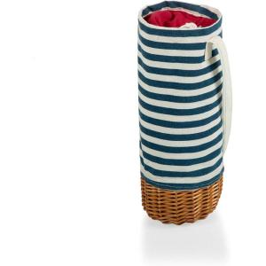 Picnic TIME Malbec Insulated Canvas and Willow Wine Bottle Basket, Wine Tote, Wine Gift Bag(Navy Blue & White Stripe)