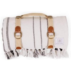 Picnic TIME, Montecito Picnic, Outdoor, and Beach Blanket with Harness, Montecito Picnic, Outdoor, and Beach Blanket with Harness, One Size, White & Taupe Windowpane(White & Blue Stripe)