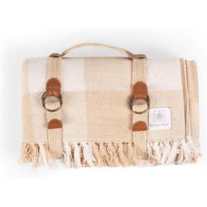 Picnic TIME, Montecito Picnic, Outdoor, and Beach Blanket with Harness, Montecito Picnic, Outdoor, and Beach Blanket with Harness, One Size, White & Taupe Windowpane(White & Taupe Windowpane)
