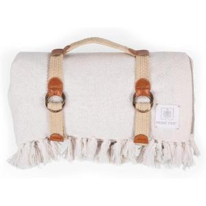 Picnic TIME, Montecito Picnic, Outdoor, and Beach Blanket with Harness, Montecito Picnic, Outdoor, and Beach Blanket with Harness, One Size, White & Taupe Windowpane(Beige Gingham)