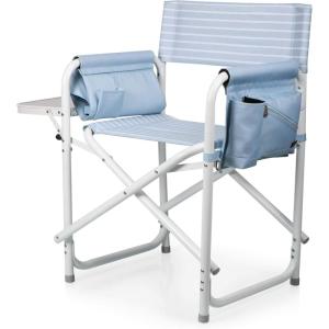 Picnic TIME Outdoor Directors Chair with Side Table, Beach Chair for Adults, Camping Chair with Table(Mod Denim Stripe Pattern With White Accents)