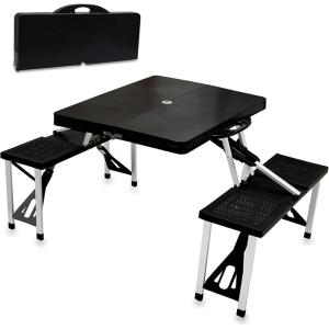 Picnic TIME Portable Folding Picnic Table with Seats for 4, Collapsible Aluminum Table with Benches & Umbrella Hole, Lightweight Foldable Table for Camping, Travel, Backyard, Tailgating(Black)