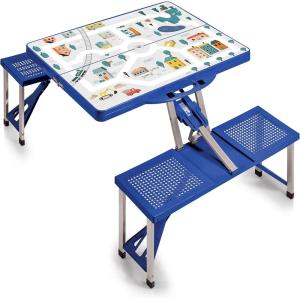 Picnic TIME Portable Folding Picnic Table with Seats for 4, Collapsible Aluminum Table with Benches & Umbrella Hole, Lightweight Foldable Table for Camping, Travel, Backyard, Tailgating(Play Town – Blue)