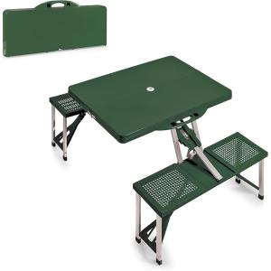Picnic TIME Portable Folding Picnic Table with Seats for 4, Collapsible Aluminum Table with Benches & Umbrella Hole, Lightweight Foldable Table for Camping, Travel, Backyard, Tailgating(Hunter Green)