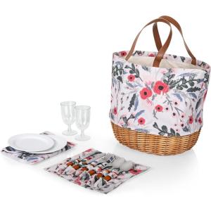 Picnic TIME Promenade Picnic Basket for 2, Canvas and Willow Picnic Set – Includes Utensil Set, Glasses, and Plates, (Floral Pattern)(Floral Pattern)