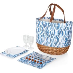 Picnic TIME Promenade Picnic Basket for 2, Canvas and Willow Picnic Set – Includes Utensil Set, Glasses, and Plates, (Floral Pattern)(Moroccan Watercolor Pattern)