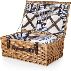 Picnic TME Belmont Picnic Basket for 4, Insulated Wicker Basket Set with Porcelain Plates, Stainless Steel Flatware, Wine Glasses, Cooler, Leatherette Straps, Gift (Navy Blue & White Stripe)(Honey Willow With Navy Blue and White Stripes)