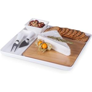 TOSCANA – a Picnic Time brand Peninsula Cutting Board & Serving Tray, Cheese Board, Charcuterie Board, Appetizer Plate, (Bamboo & White Porcelain)